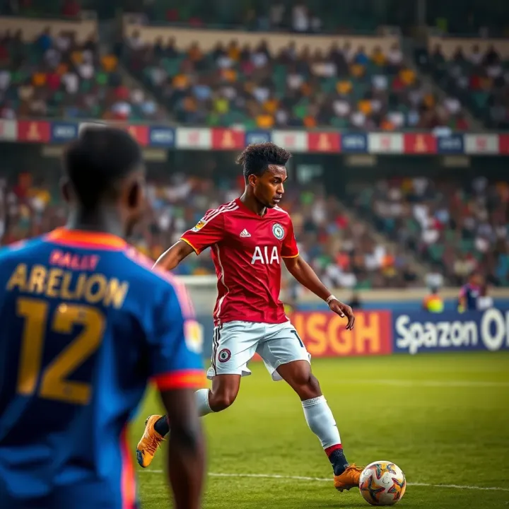 Intense Match Action at AFCON Tournament Soccer players competing intensely in Africa Cup of Nations match