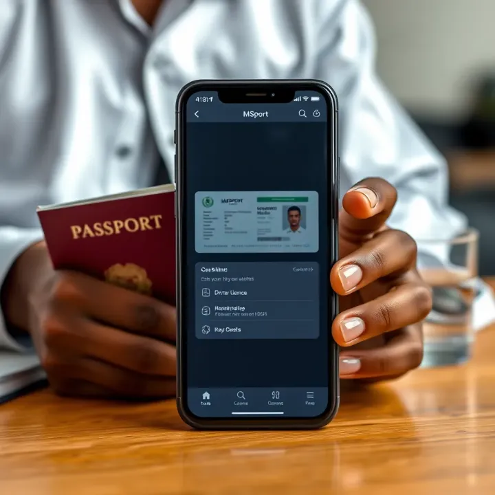 A Nigerian passport holder and a driver's license displayed next to a smartphone showing the MSport app verification screen