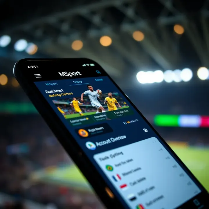 Mobile phone displaying MSport app dashboard with betting options and account overview