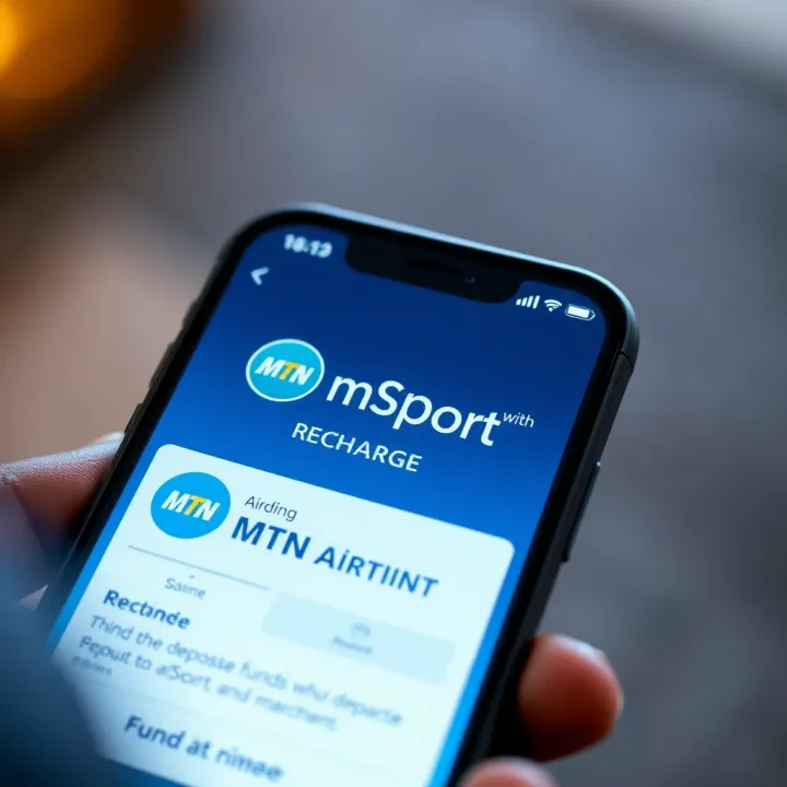 Mobile phone screen displaying MTN airtime recharge option for funding mSport account