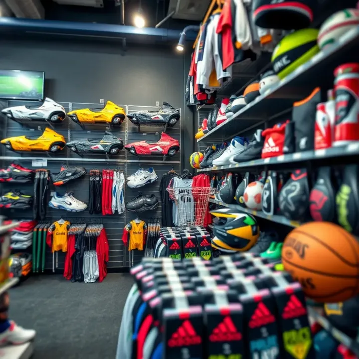 Diverse Range of Sporting Goods at B Msport Shop Wide selection of sports equipment displayed on shelves in a vibrant retail store