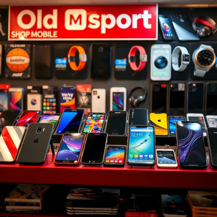 Display of diverse mobile devices and gadgets representing technological advancements
