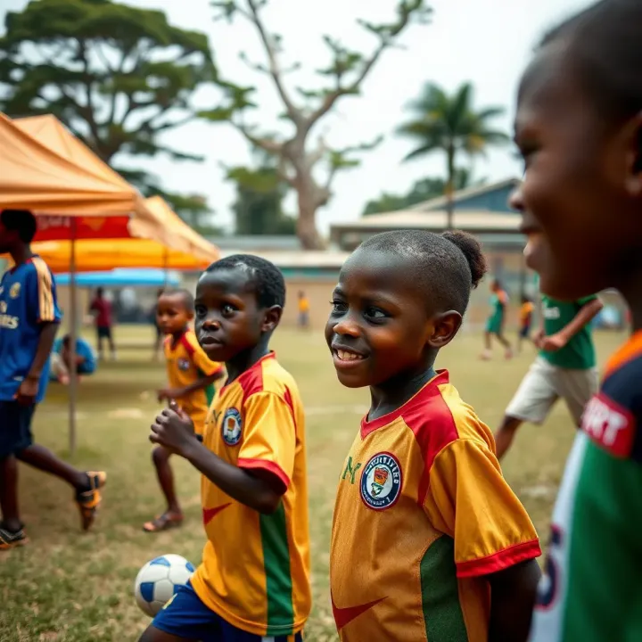 Community sports event with young athletes participating under colorful tents showcasing MSport sponsorship
