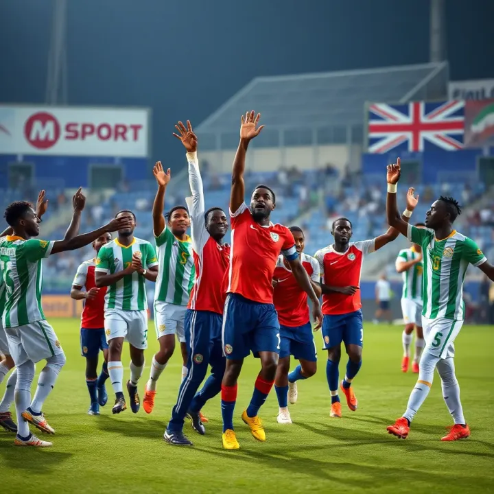 Nigerian sports team celebrating a victory on the field with sponsors' banners in the background