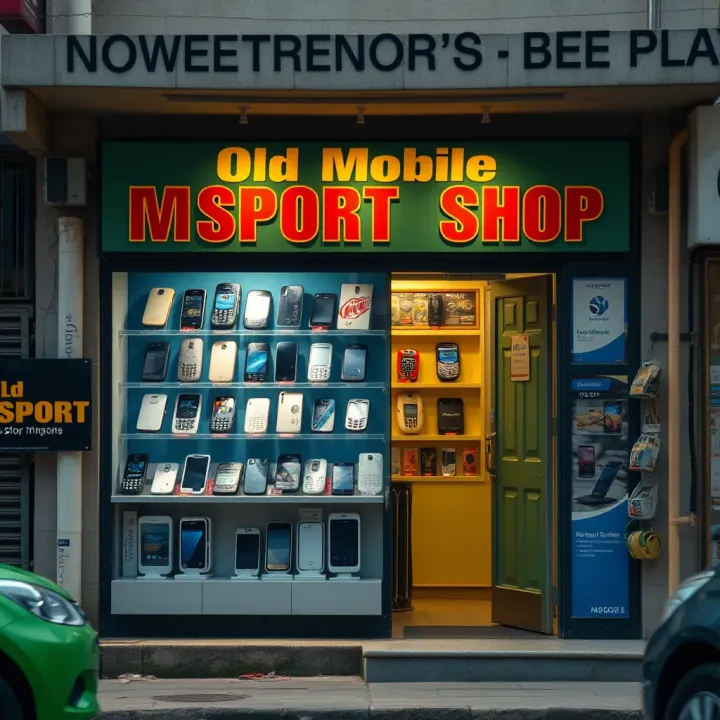 Old Mobile Msport Shop Exterior with Mobile Phones and Accessories Exterior view of the Old Mobile Msport Shop showcasing a variety of mobile phones and accessories on display