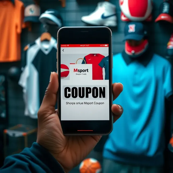 Smartphone displaying a Shop Msport coupon code on a shopping app with sports accessories in the background