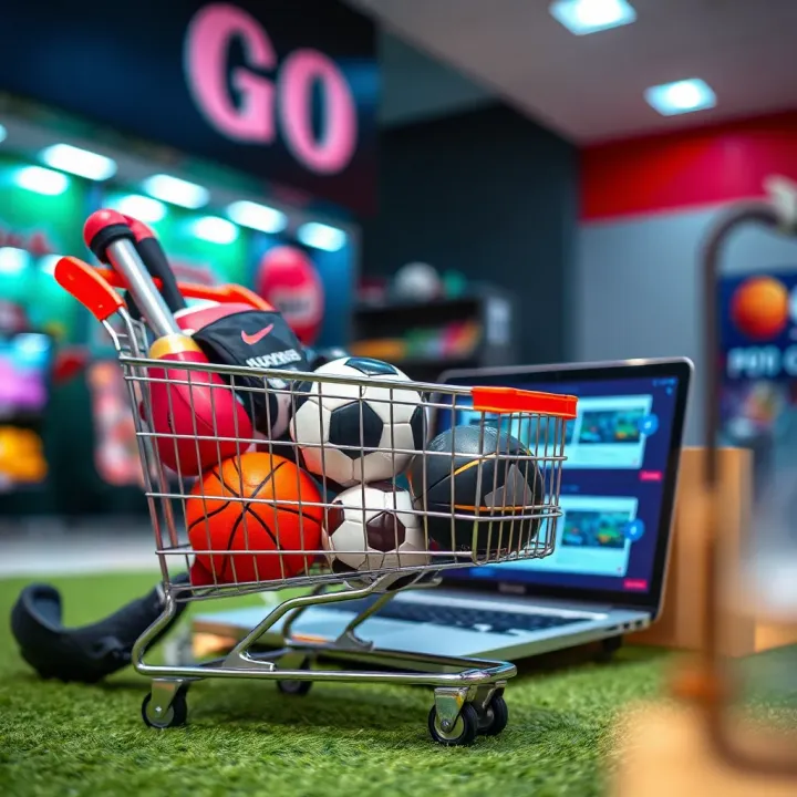 Close-up of shopping cart filled with sports equipment and a laptop showing verified coupon discounts during online checkout