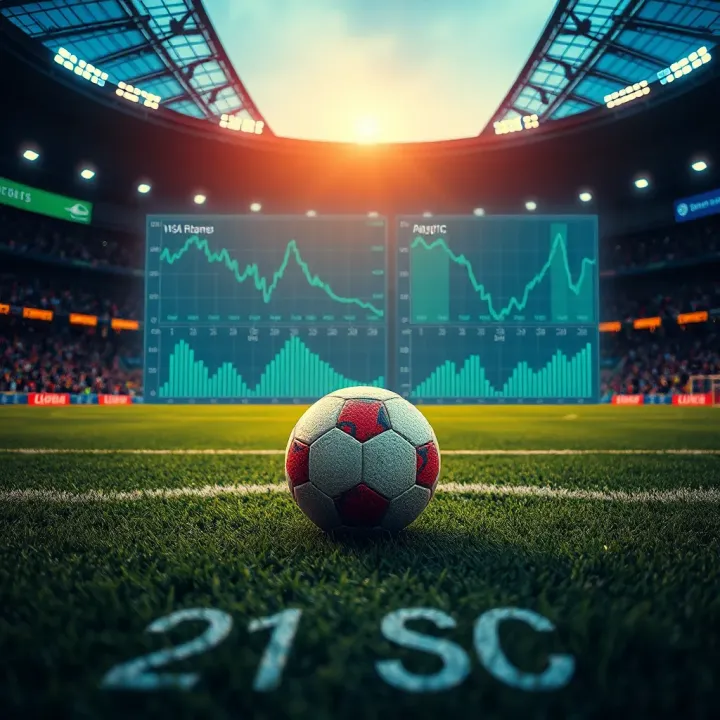 Football pitch with data analytics overlay showing statistics and trends