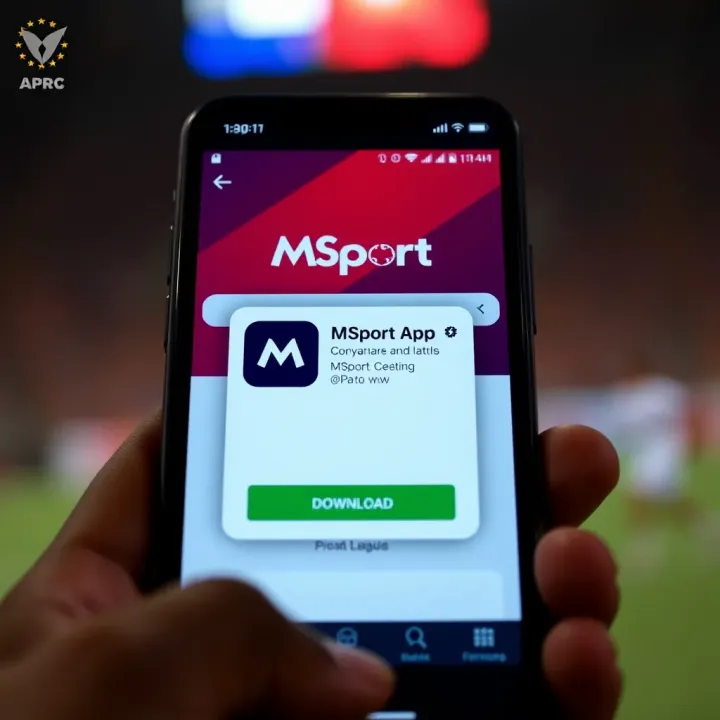 Smartphone displaying Msport app interface with download button highlighted