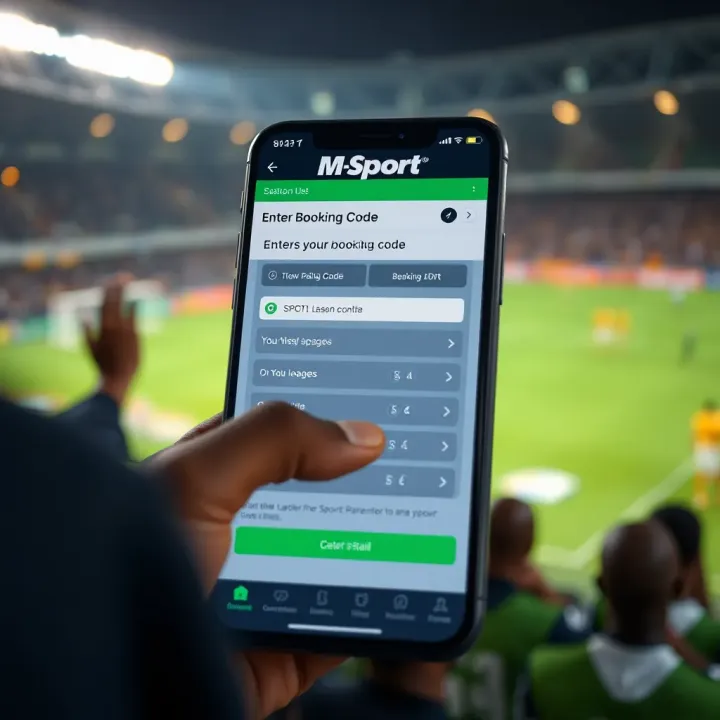 User entering a booking code on M-Sport mobile app interface with clear input fields
