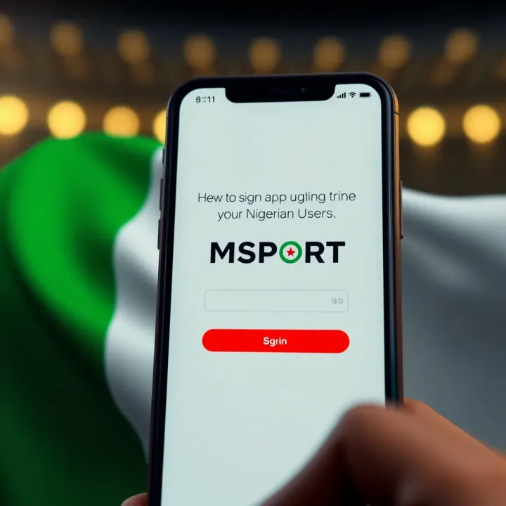 Mobile phone displaying Msport app registration screen with Nigerian flag