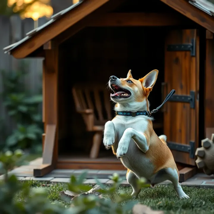 Dog performing a playful trick near a cozy wooden dog house in a backyard