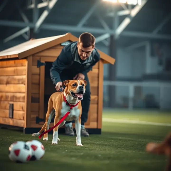 Training Session Utilizing Dog House for Canine Tricks Dog trainer guiding a dog through commands using a dog house as part of the training environment