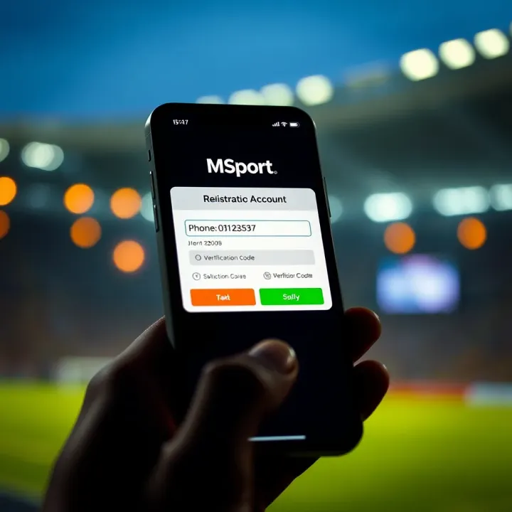 Mobile phone displaying MSport account registration interface with phone number input and verification code fields