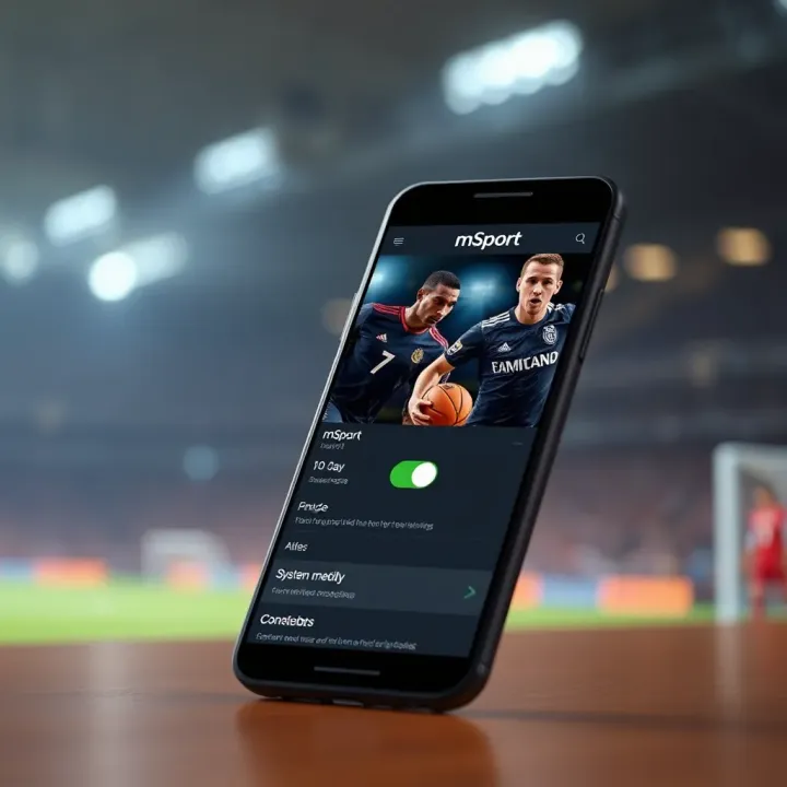 Illustration of Android smartphone with mSport app installation progress and system requirements