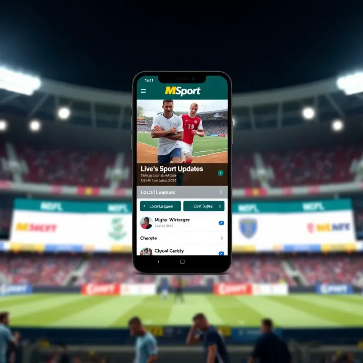 Screenshot of the MSport app interface showing live sports updates and navigation menu
