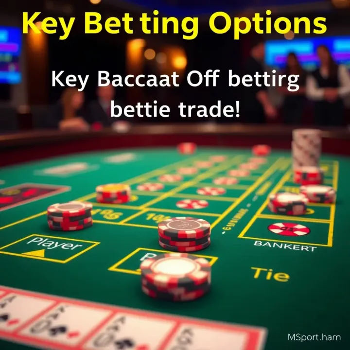 Key Betting Options in MSport Baccarat Diagram showing key baccarat betting options with chips placed on player, banker, and tie areas