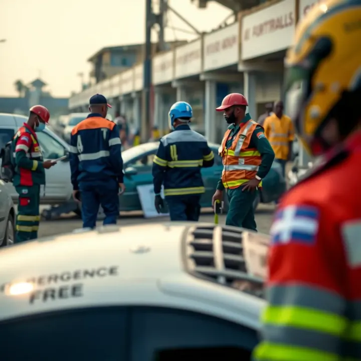 Emergency Response Management in Nigerian Motorsport Officials coordinating emergency response at a crash site during a Nigerian motorsport race