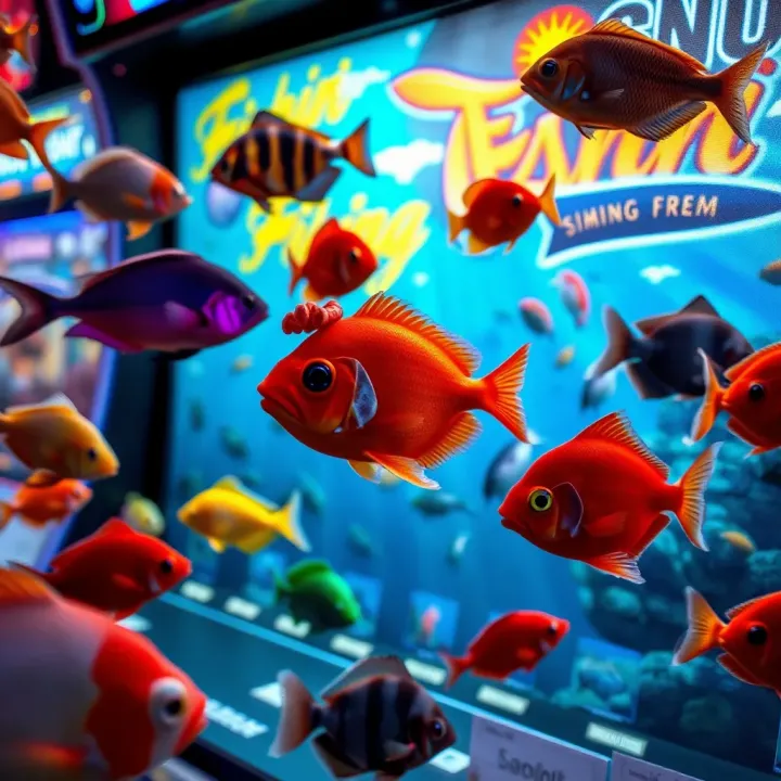 Colorful fish swimming around an arcade game screen in MSport Fishin Frenzy