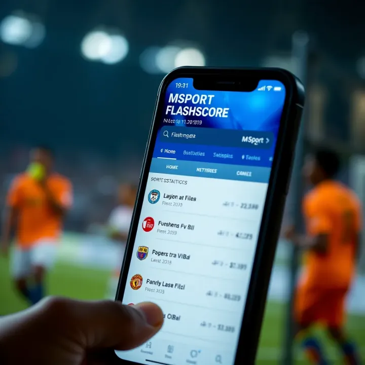 Mobile device displaying MSport Flashscore app with sports statistics and league information