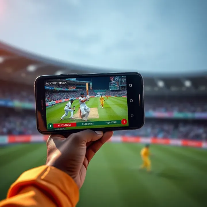 Mobile phone displaying live cricket match streaming on MSport India app interface