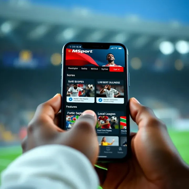 MSport App Homepage with Live Scores and Betting Features Mobile device displaying the MSport app homepage featuring live sports scores and betting options