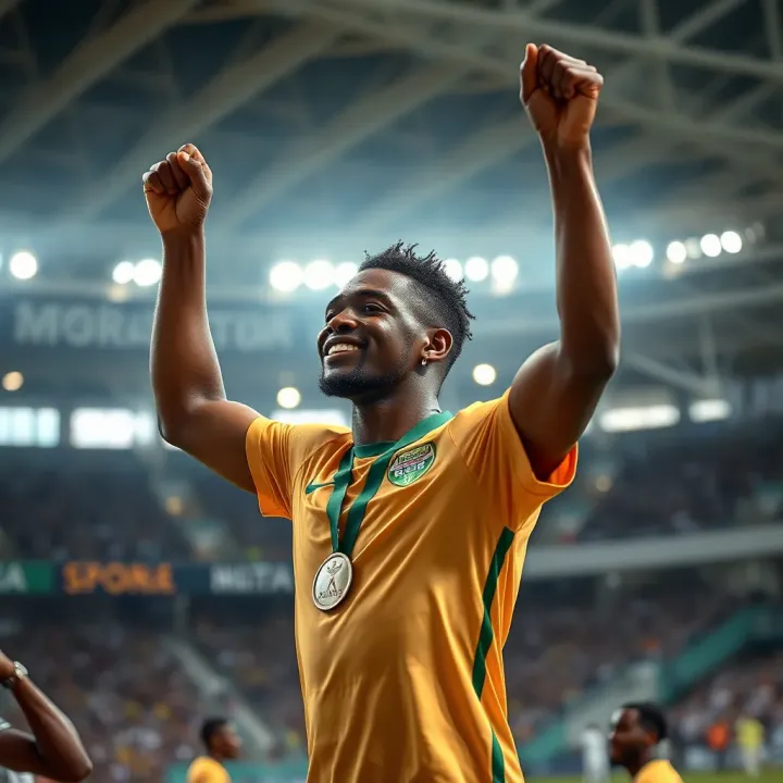 Nigerian athlete celebrating a victory in a stadium