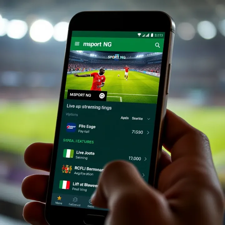 User interface of MSport NG app showing live sports streaming and betting options on an Android phone