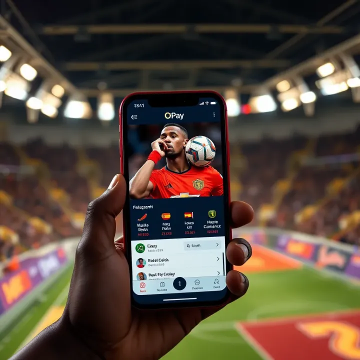 Smartphone displaying OPay app interface with Msport betting platform on screen