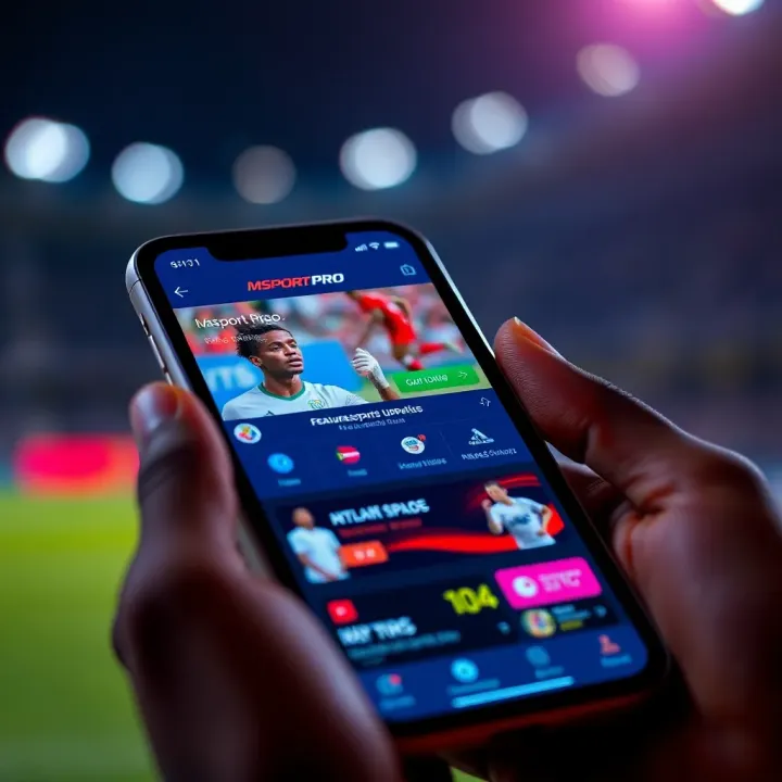 MSport Pro App Interface for Nigerian Sports Updates Mobile device displaying MSport Pro app with Nigerian sports updates and athlete profiles