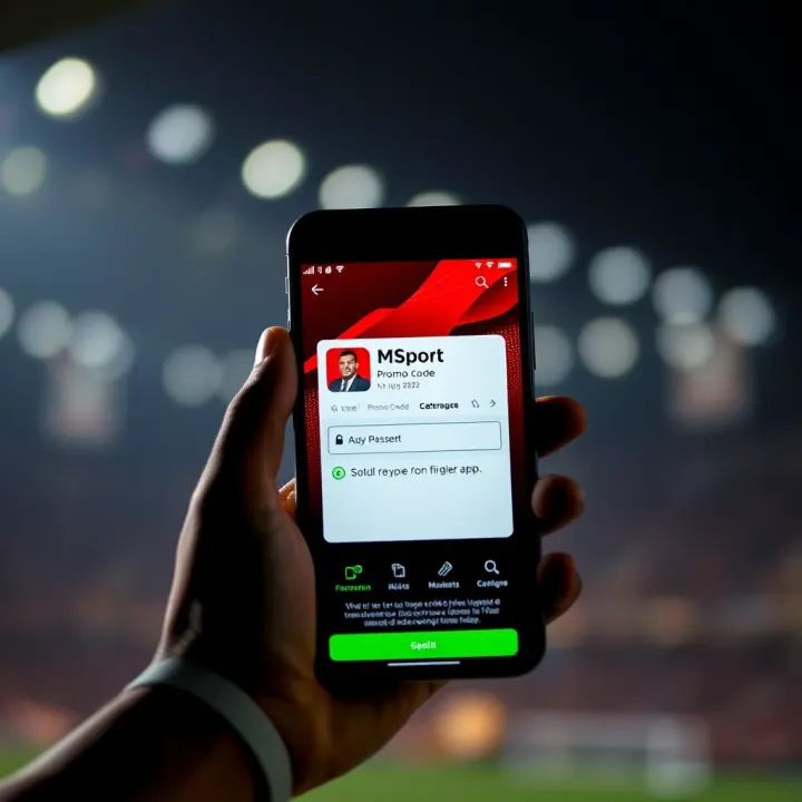 Illustration showing a mobile phone screen with Msport app and promo code entry field