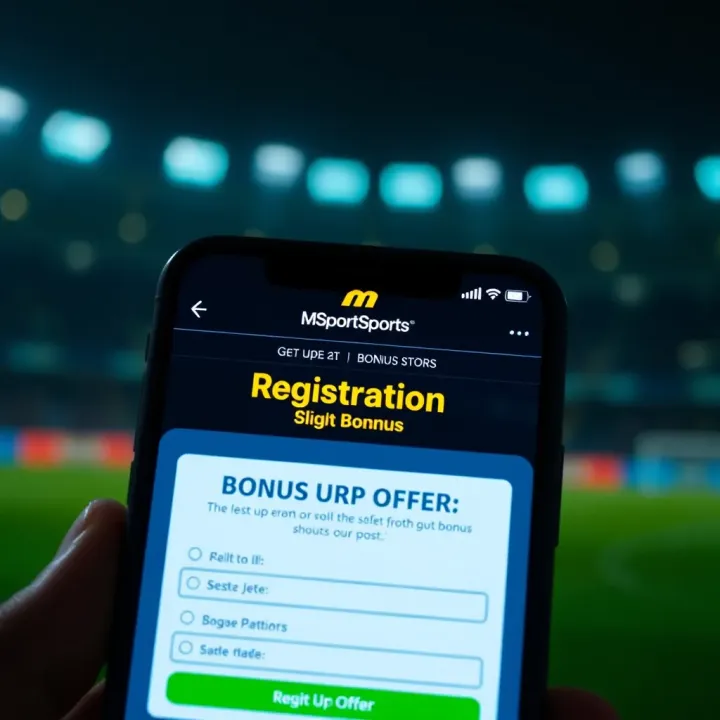 Graphic depicting a mobile phone screen with registration form and bonus offer details for sports betting