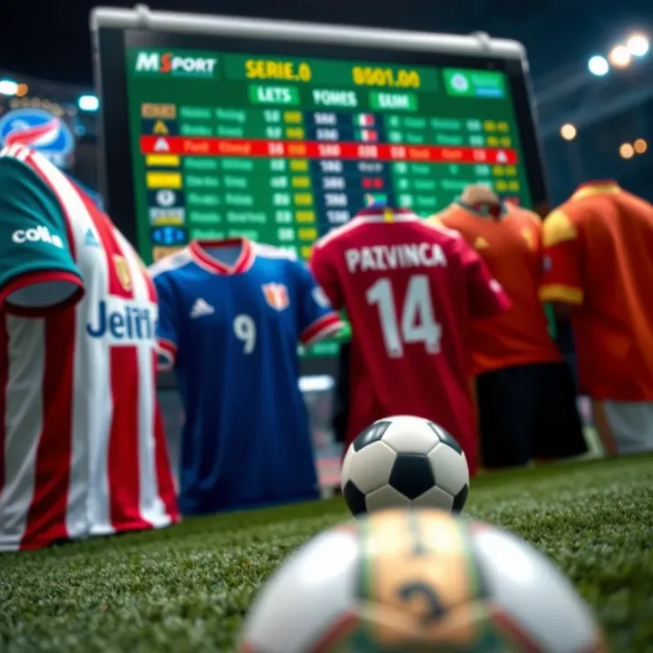 Close-up of Serie A team jerseys and football with betting odds on digital screen
