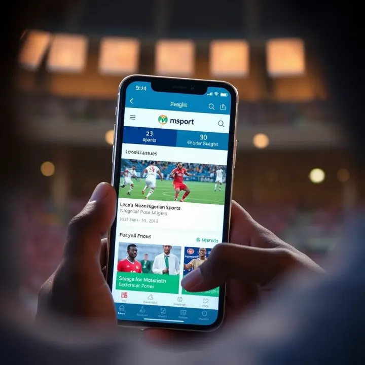 Mobile device displaying Msport Spaceman app with Nigerian sports highlights and user interaction features