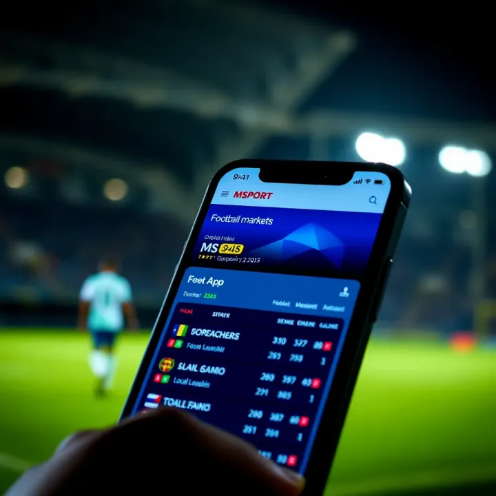 Mobile phone displaying MSport betting app interface with football match odds