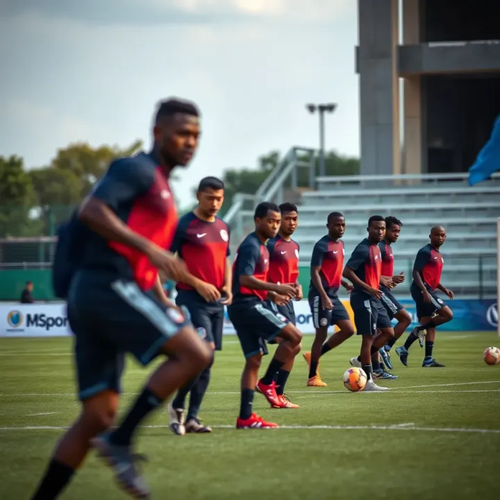 Athletes training on a sports field with MSport branding in the background