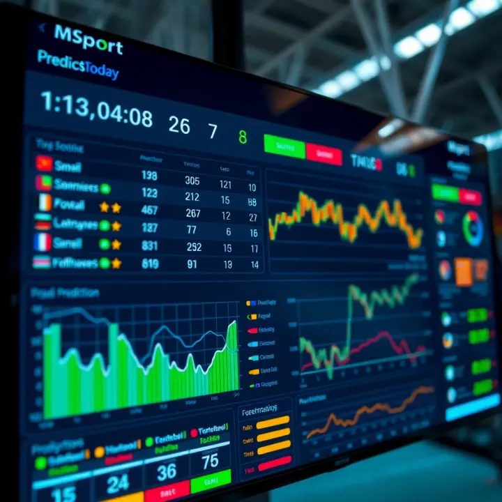 A digital dashboard displaying live sports statistics and prediction graphs for football matches