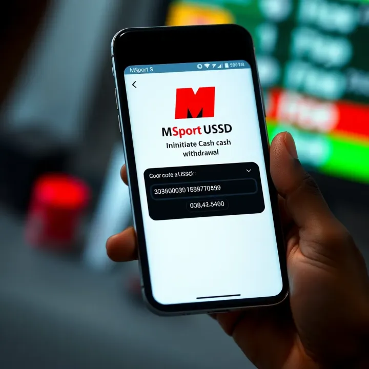 Mobile phone displaying Msport USSD code input for cash withdrawal in Nigeria