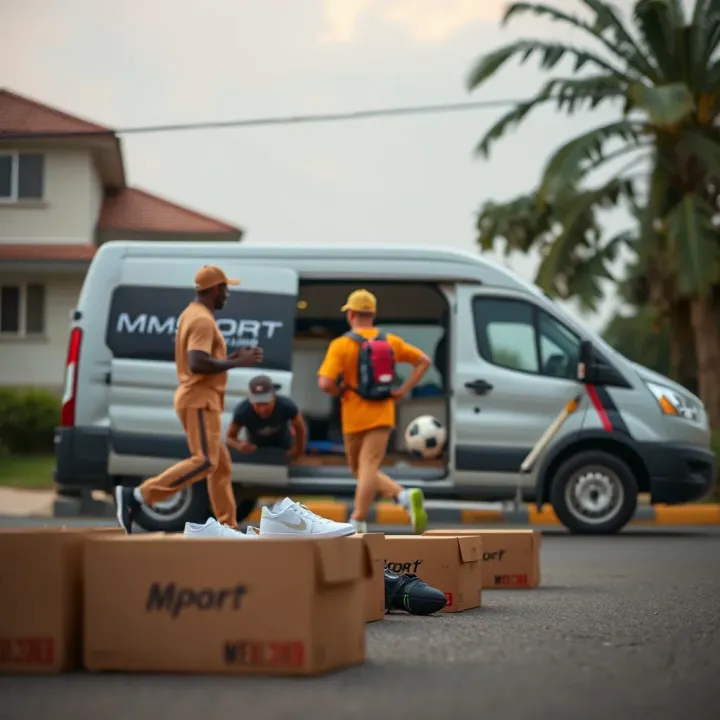 Efficient Delivery Service Ensuring Quick Arrival of Sports Gear Delivery van and package boxes with sports gear ready for shipping across Nigerian cities