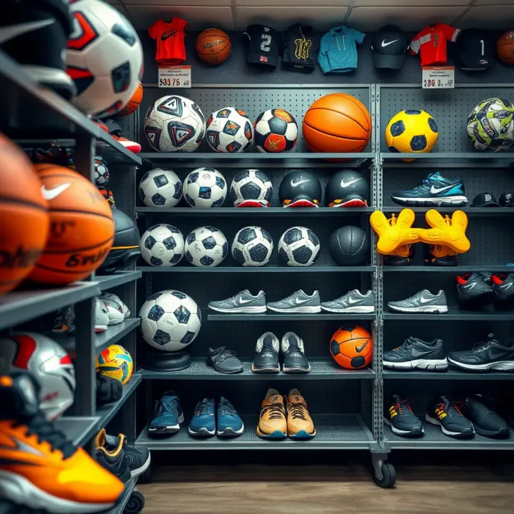 Variety of sports equipment including footballs, basketballs, and running shoes displayed on shelves