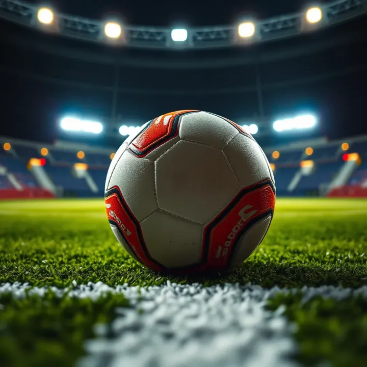 Close-up of a football on a stadium pitch illuminated for a night game