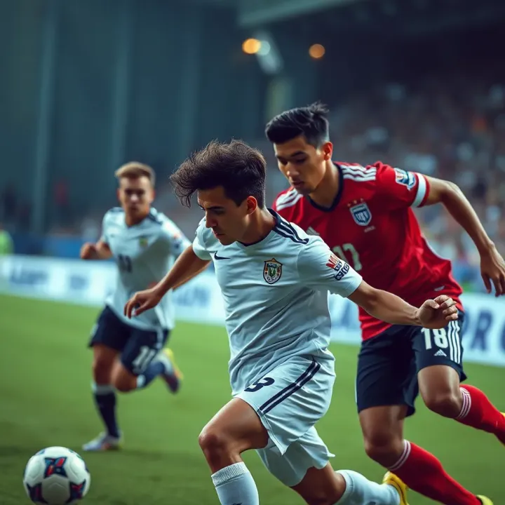 Intense Action from a World Cup Football Match Football players competing intensely during a World Cup match