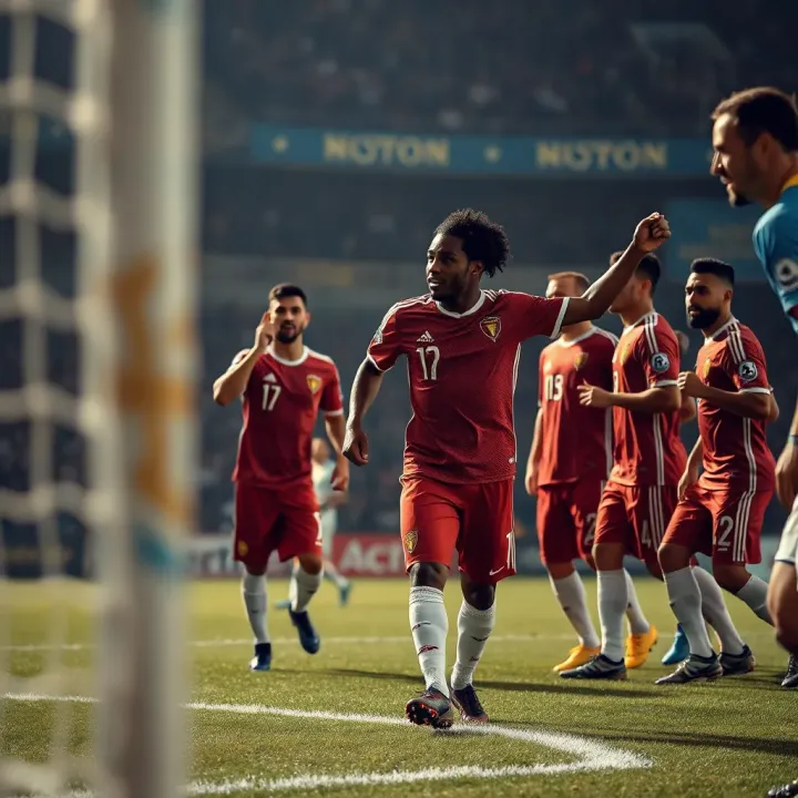 International soccer tournament teams celebrating a goal on the field