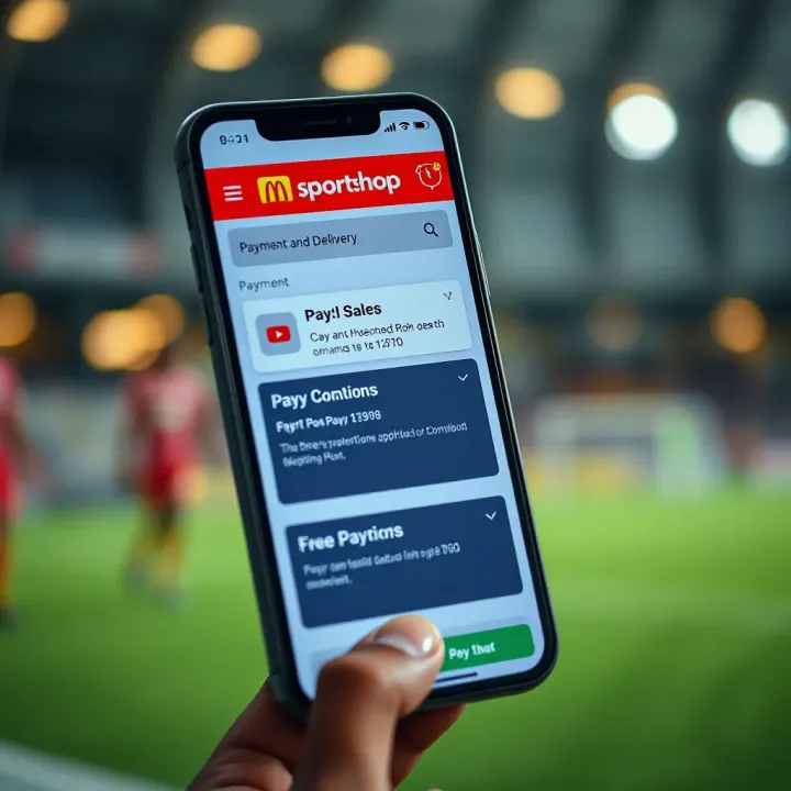 Mobile phone showing payment options and delivery service details on msportshop.com