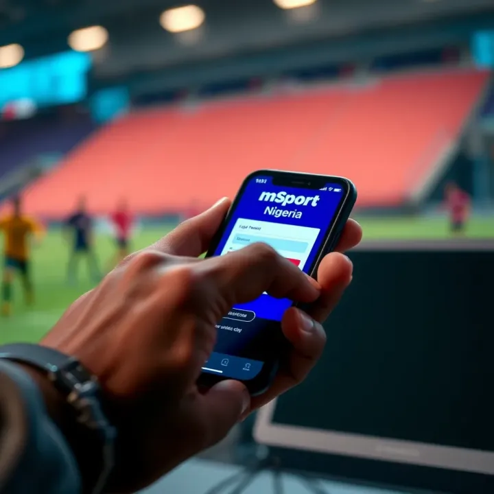 User interacting with mobile device displaying MSport Nigeria login interface