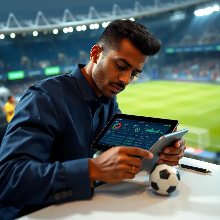Analyzing football match statistics on a digital tablet with a stadium in the background