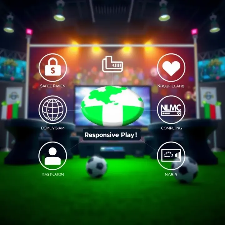 Illustration of safe online gaming environment in Nigeria with secure payment and responsible play icons