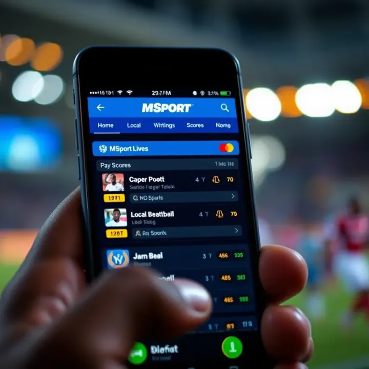 Mobile device displaying MSport live scores and betting options in Nigeria