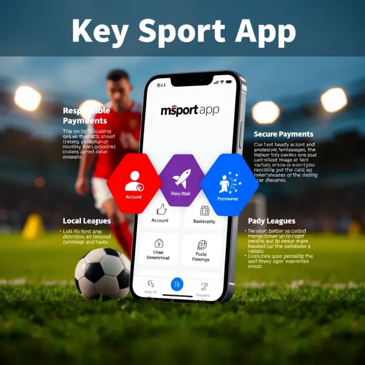 Diagram illustrating Msport app features including account management, secure payments, and responsible betting tools