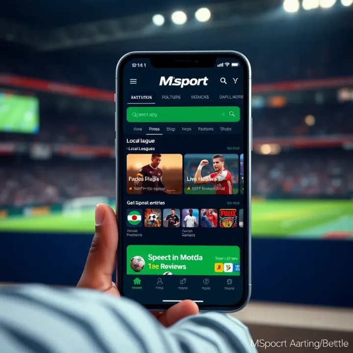 Screenshot showing Msport app interface with live sports updates and betting options